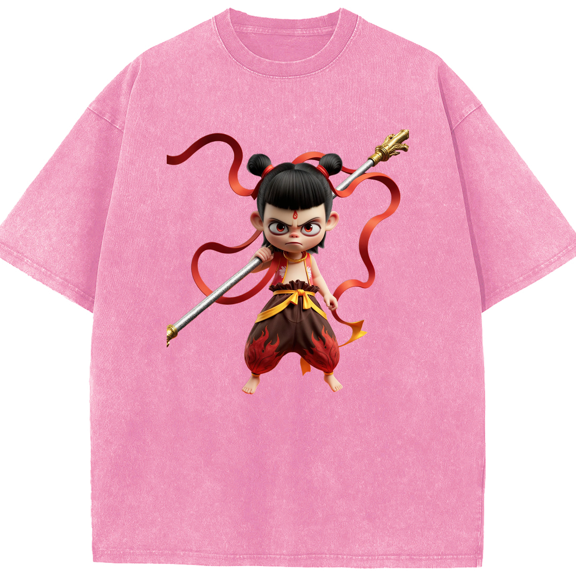 （画像用） Ne Zha 2 ナタ 魔童の大暴れ 綿100% ヴィンテージ風 半袖Tシャツ（フロントプリント）